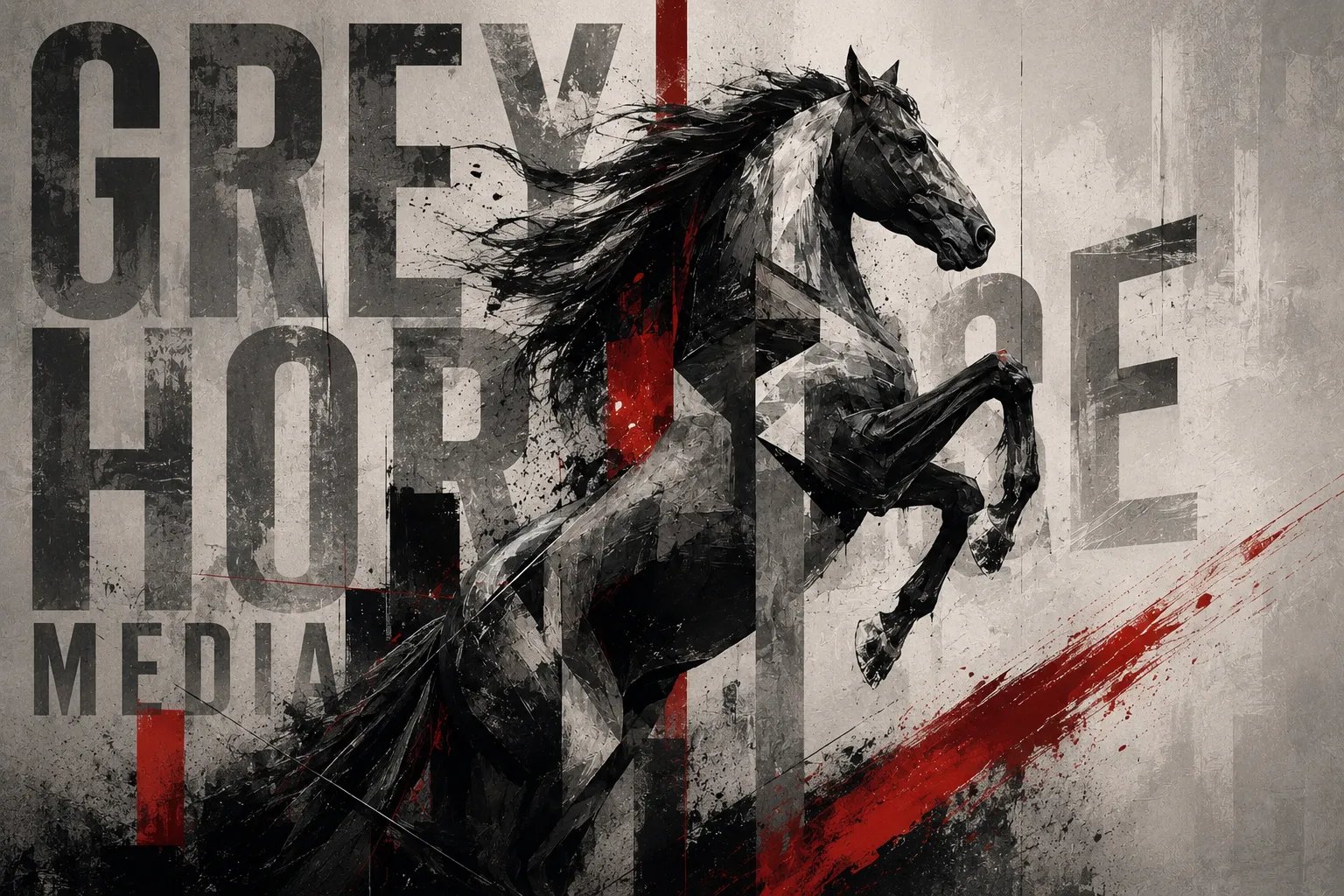 Grey Horse Media key visual: a black horse rearing through the GREY HORSE MEDIA lettering, slashed with red